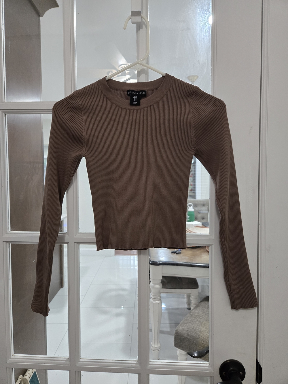 Forever 21 Brown Ribbed Long-Sleeve Crewneck Top